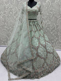 Awesome Mint Green Thread Work Net Wedding Wear Lehenga Choli with Dupatta