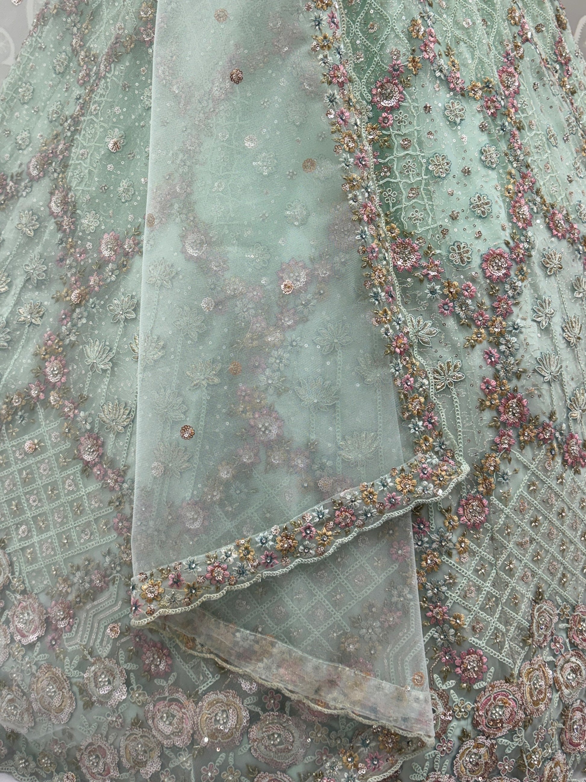 Awesome Mint Green Thread Work Net Wedding Wear Lehenga Choli with Dupatta