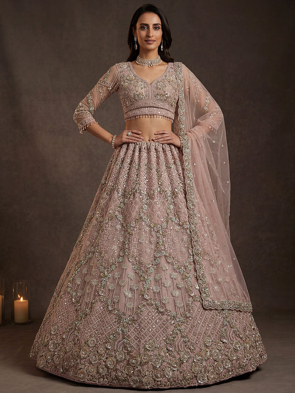 Alluring Dusty Rose Floral Embroidery Net Bridal Wear Lehenga Choli with Dupatta