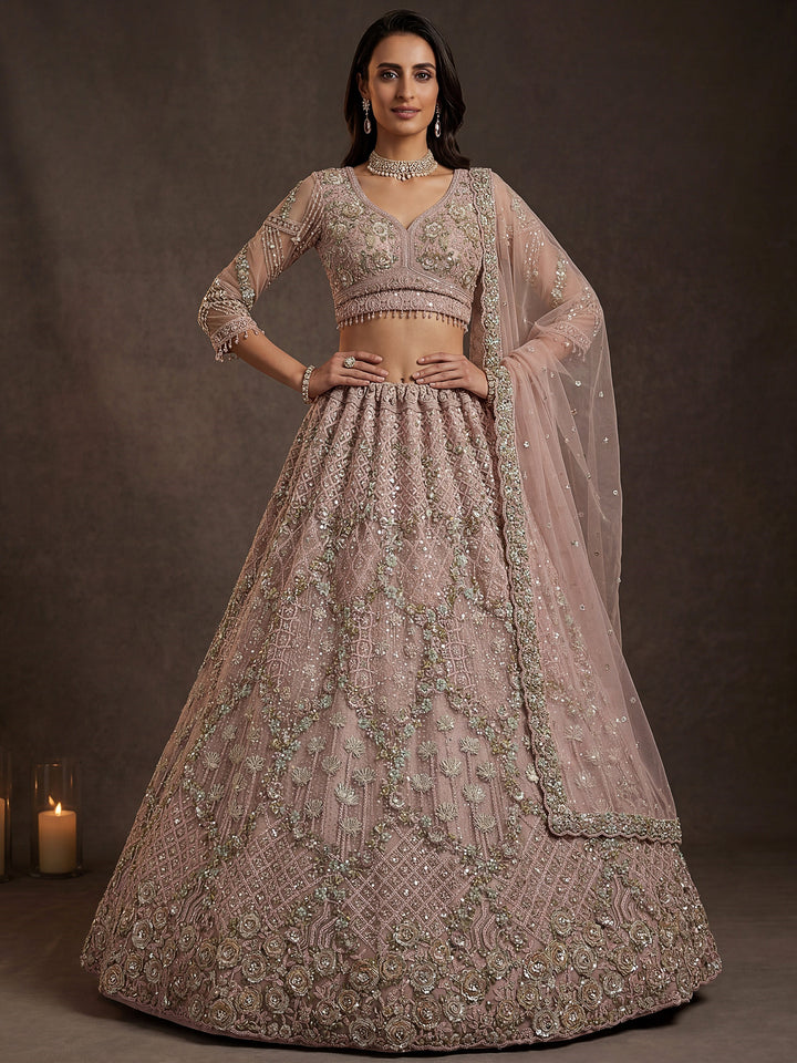 Alluring Dusty Rose Floral Embroidery Net Bridal Wear Lehenga Choli with Dupatta