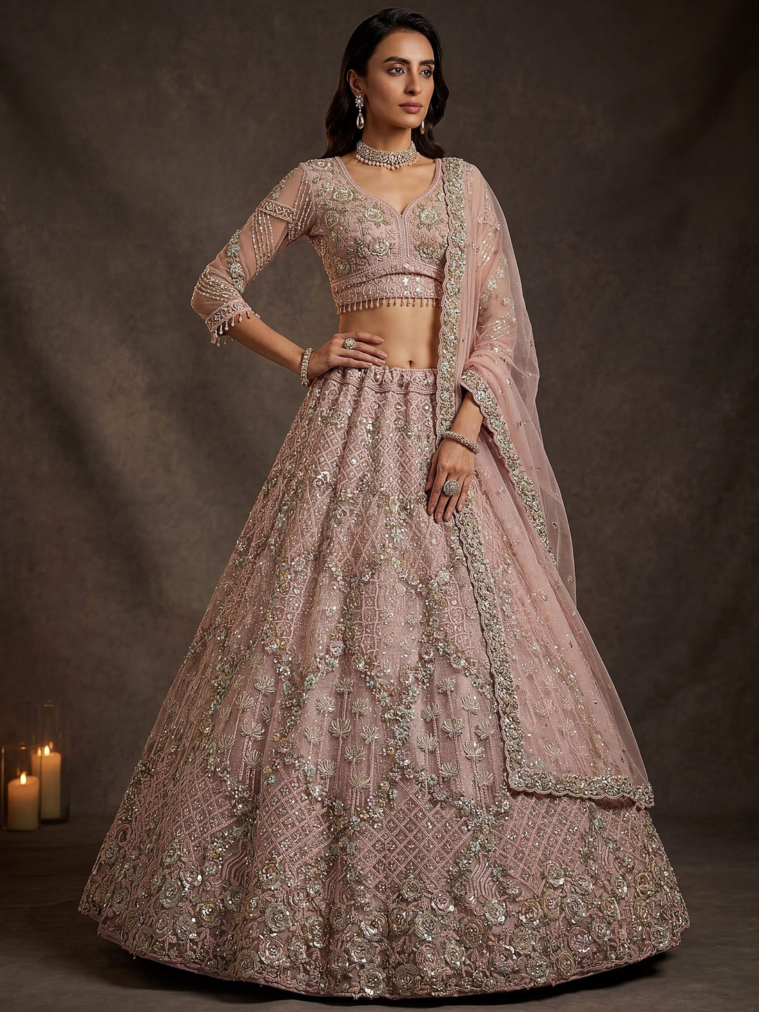 Alluring Dusty Rose Floral Embroidery Net Bridal Wear Lehenga Choli with Dupatta