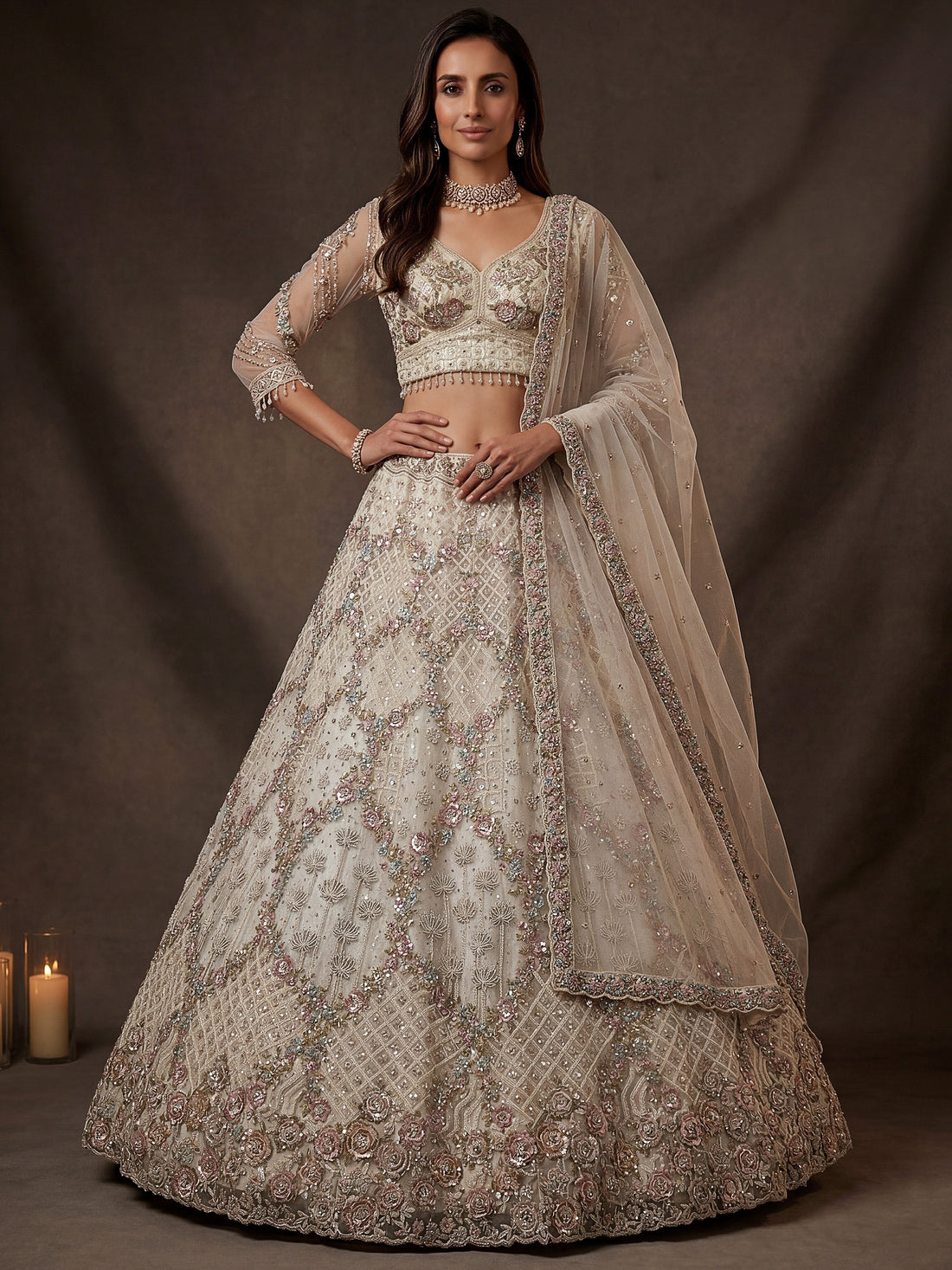 Glowing Off-White Embroidery Net Reception Wear Lehenga Choli with Dupatta