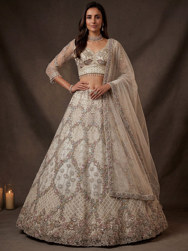 Glowing Off-White Embroidery Net Reception Wear Lehenga Choli with Dupatta