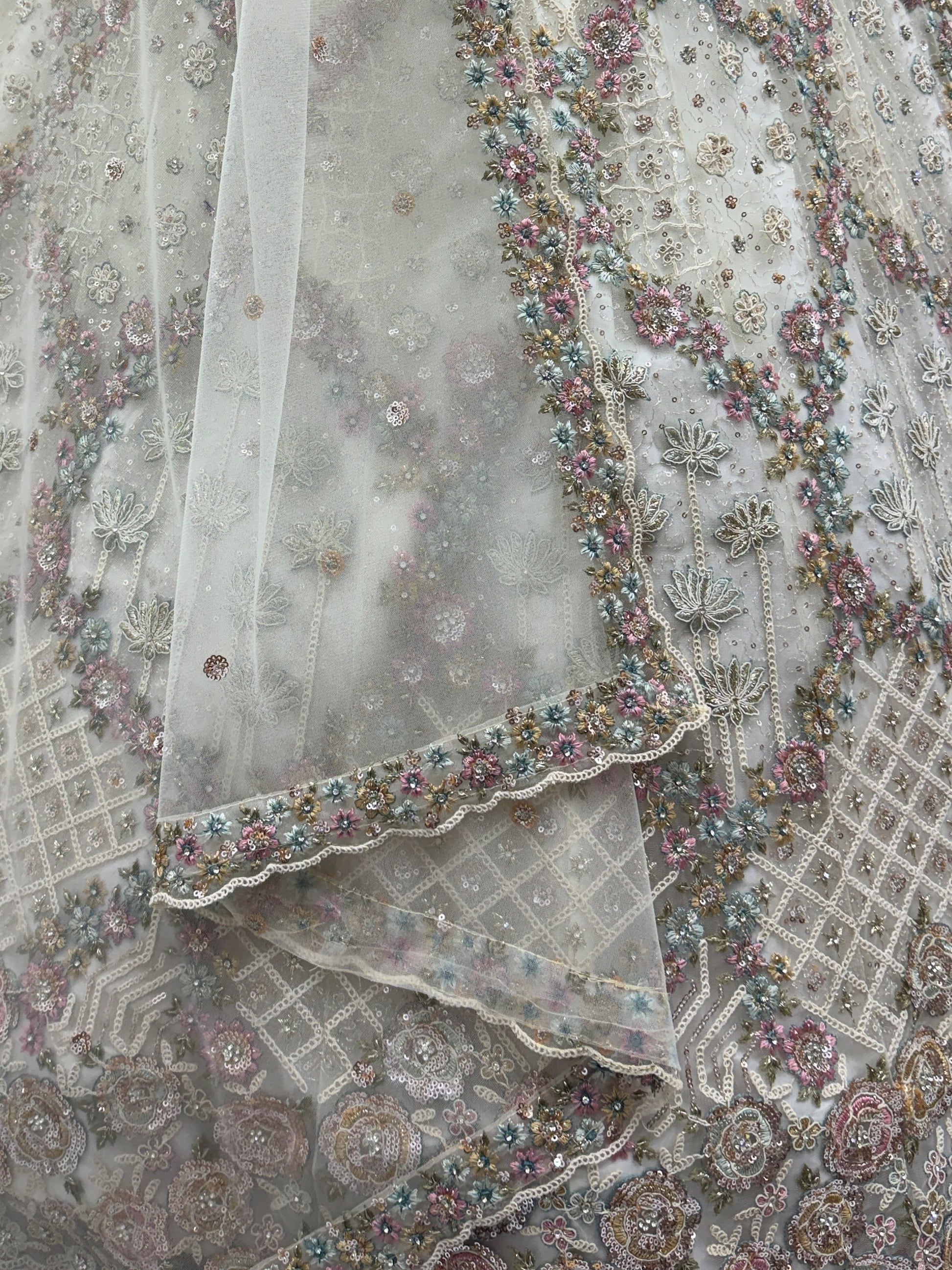Glowing Off-White Embroidery Net Reception Wear Lehenga Choli with Dupatta