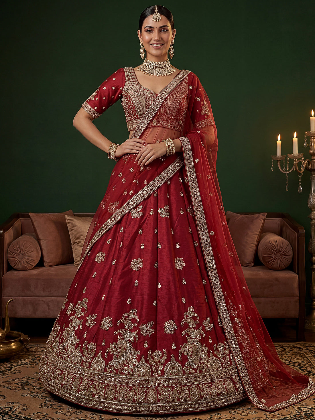 Precious Red Zari Embroidery Silk Wedding Wear Lehenga Choli