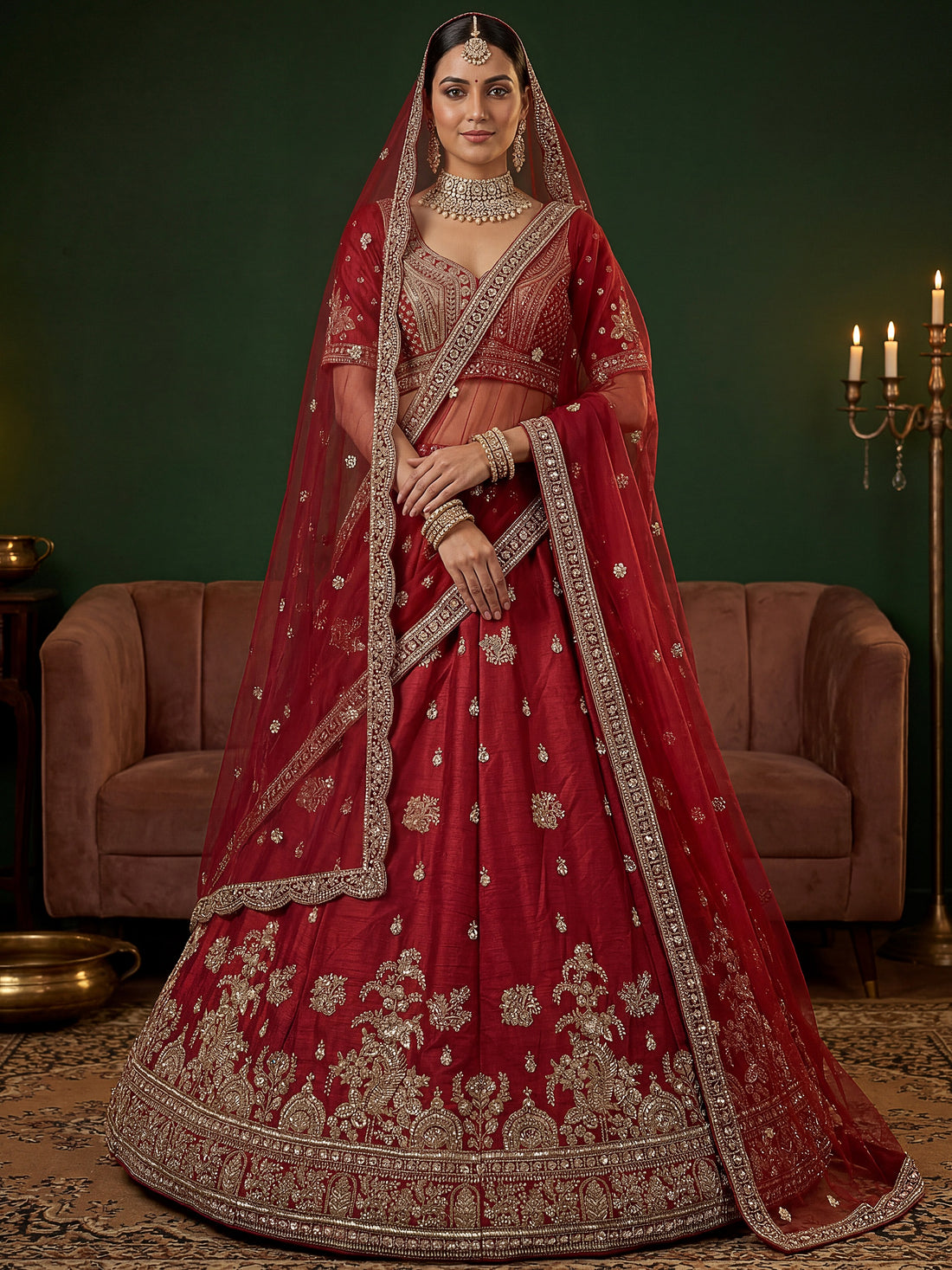 Precious Red Zari Embroidery Silk Wedding Wear Lehenga Choli