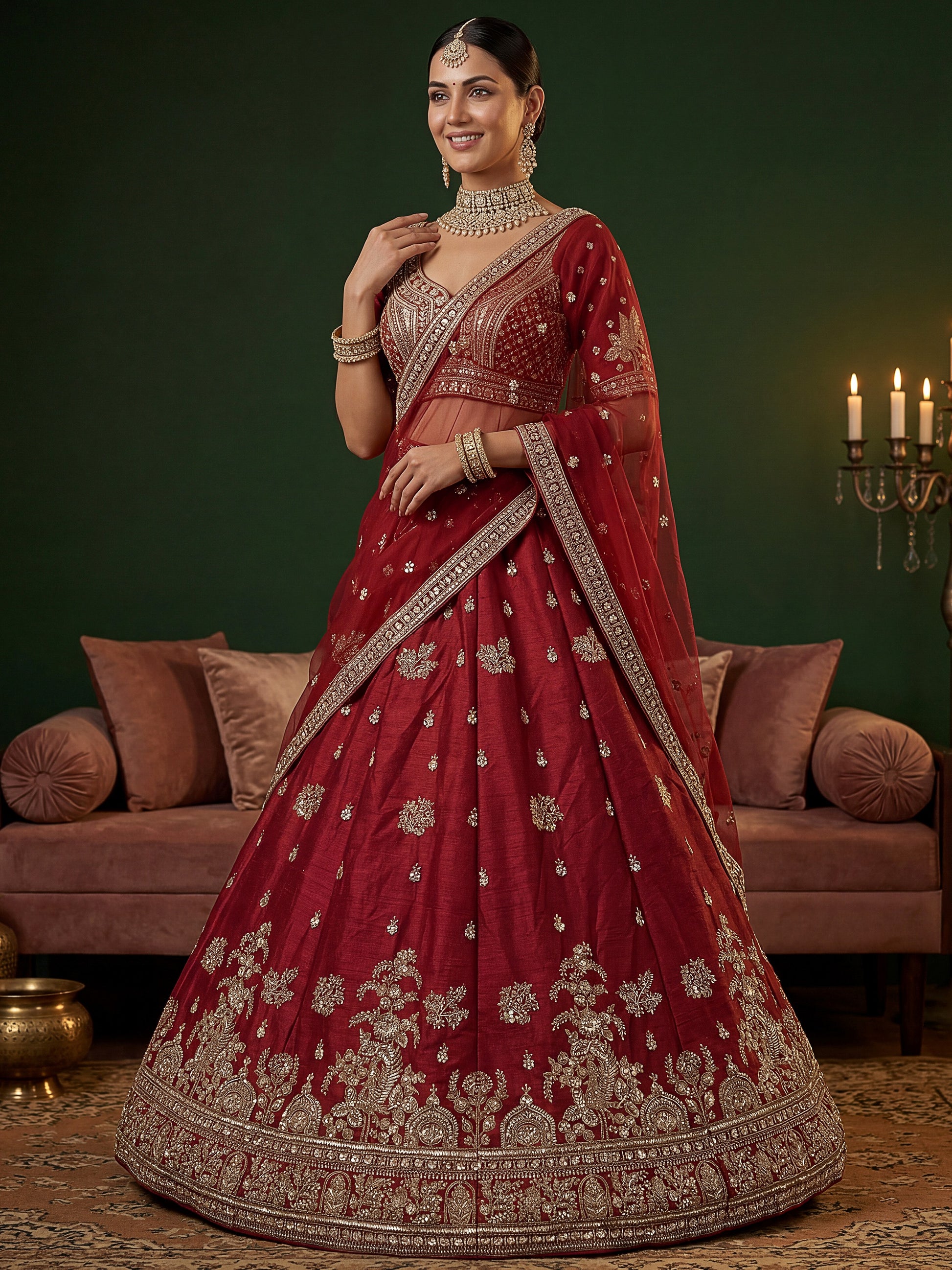 Precious Red Zari Embroidery Silk Wedding Wear Lehenga Choli