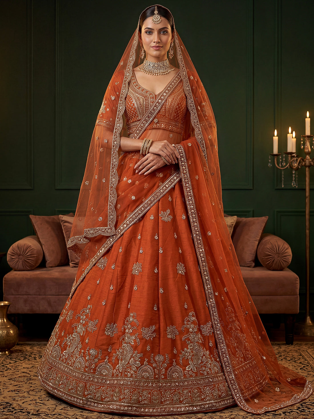 Glamorous Rust Orange Zari Embroidery Silk Bridal Lehenga Choli