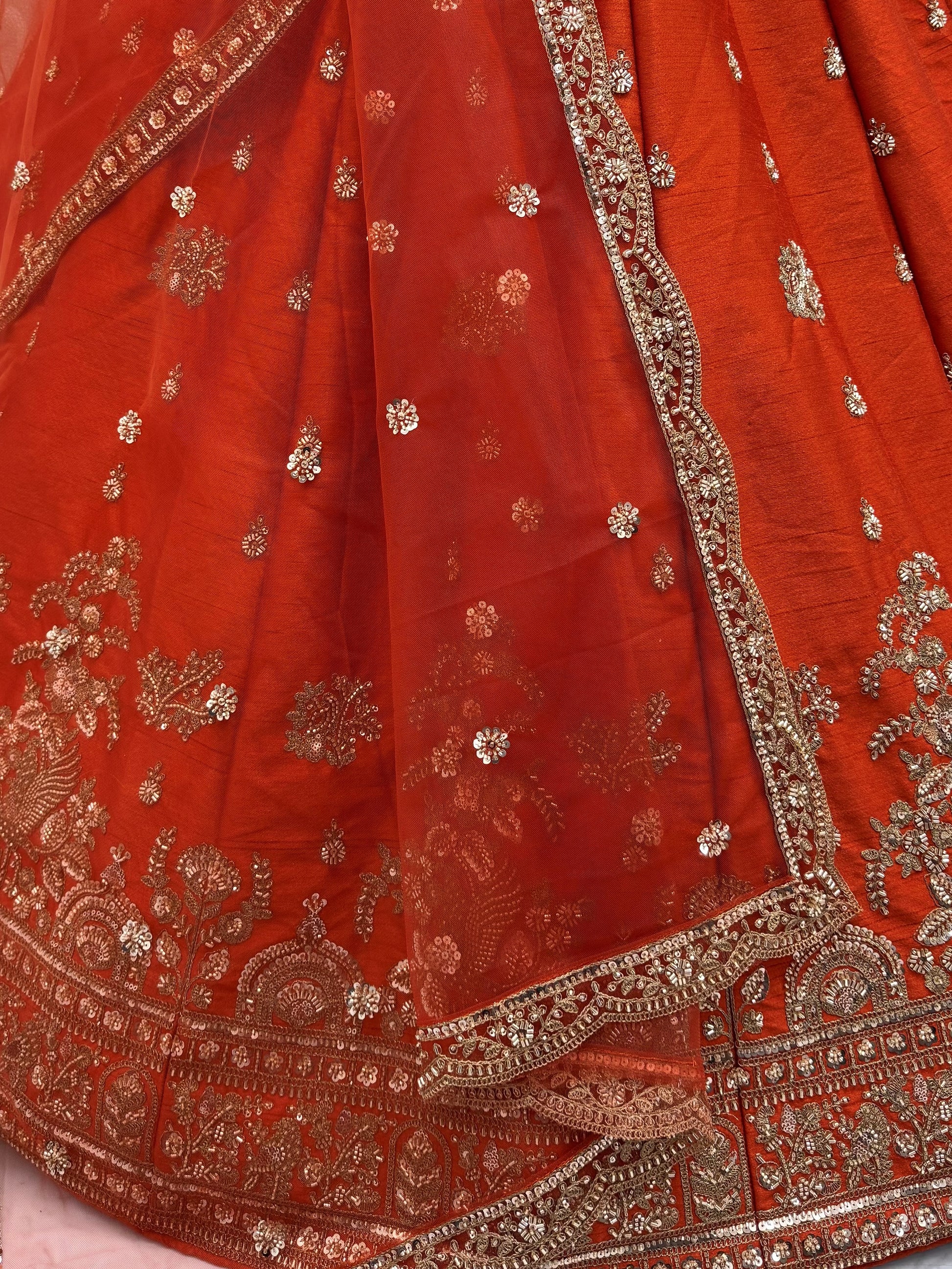 Glamorous Rust Orange Zari Embroidery Silk Bridal Lehenga Choli