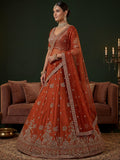 Glamorous Rust Orange Zari Embroidery Silk Bridal Lehenga Choli