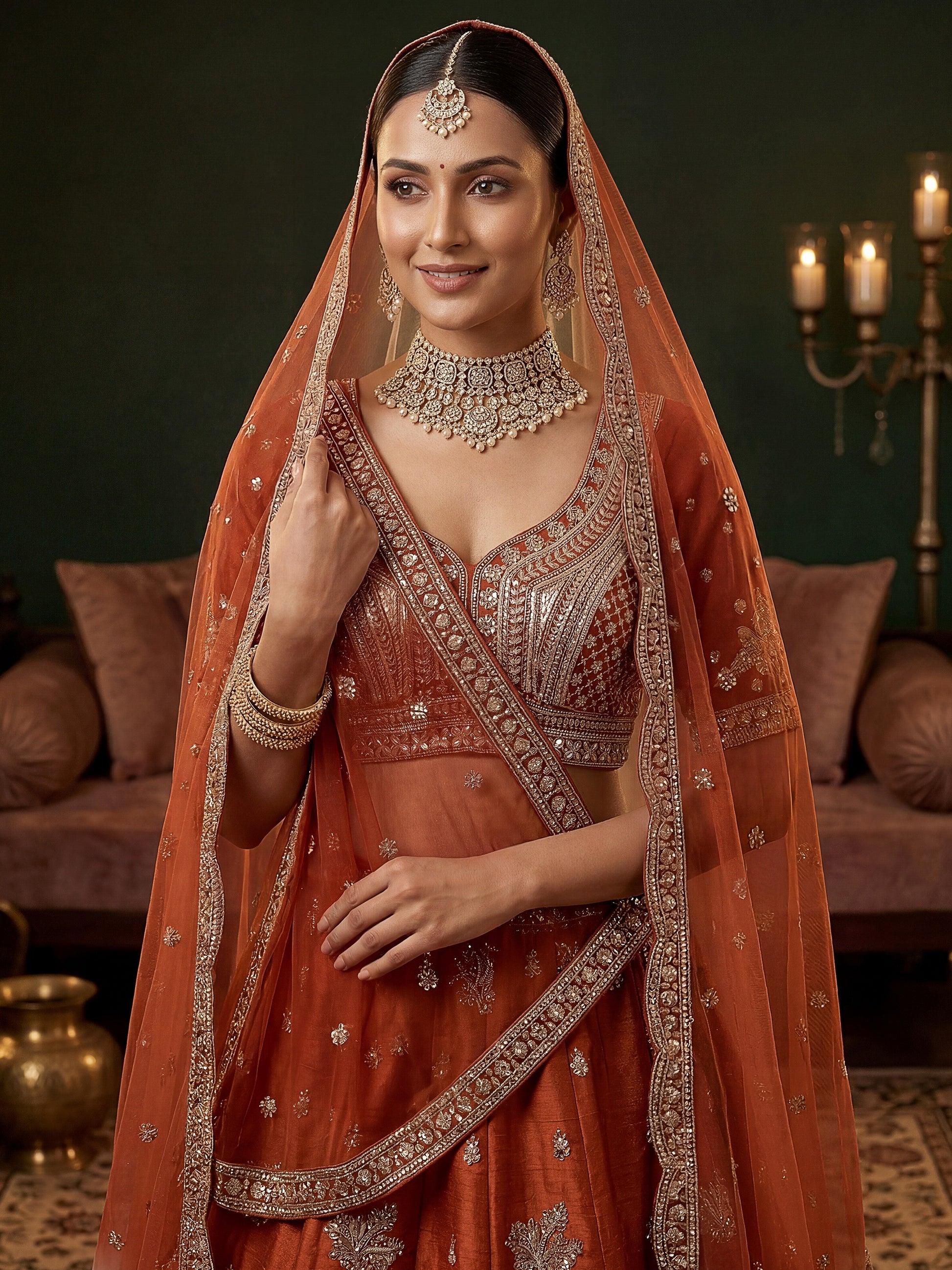 Glamorous Rust Orange Zari Embroidery Silk Bridal Lehenga Choli