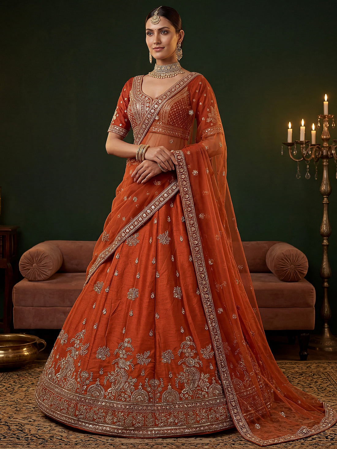 Glamorous Rust Orange Zari Embroidery Silk Bridal Lehenga Choli