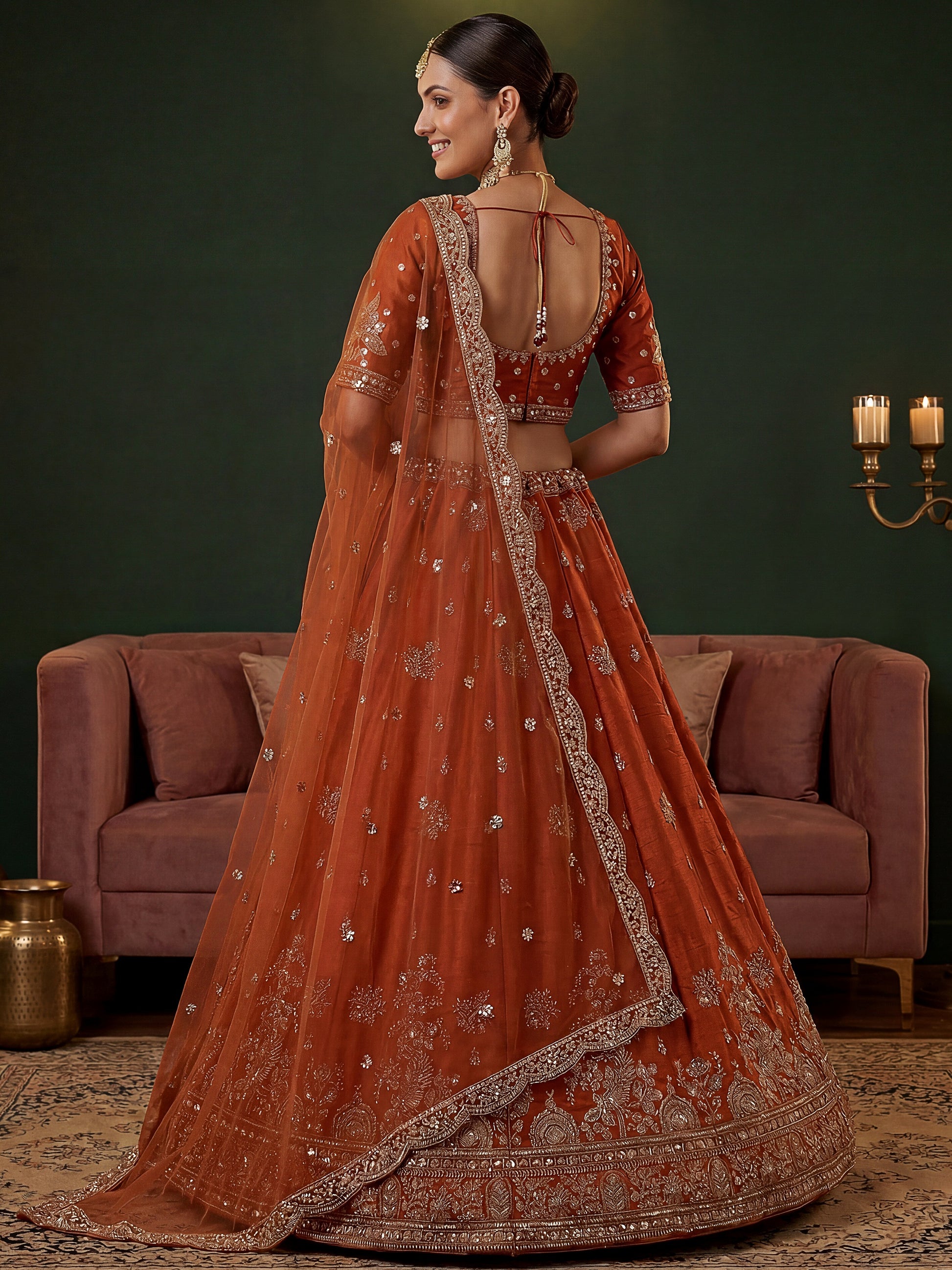 Glamorous Rust Orange Zari Embroidery Silk Bridal Lehenga Choli