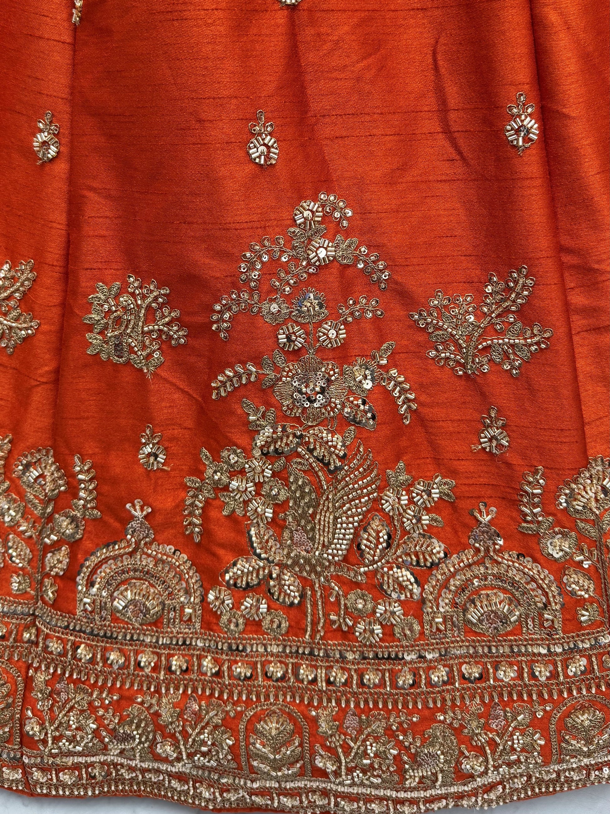Glamorous Rust Orange Zari Embroidery Silk Bridal Lehenga Choli