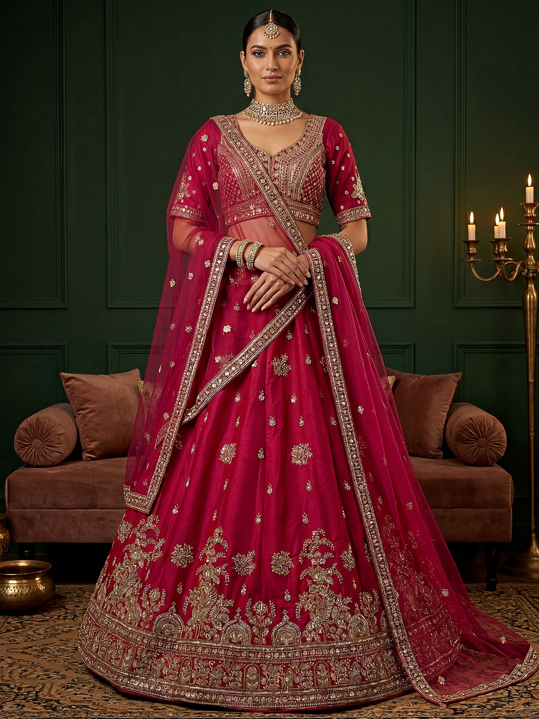 Sparkling Rani Pink Embroidered Silk  Bridal Wear Lehenga Choli