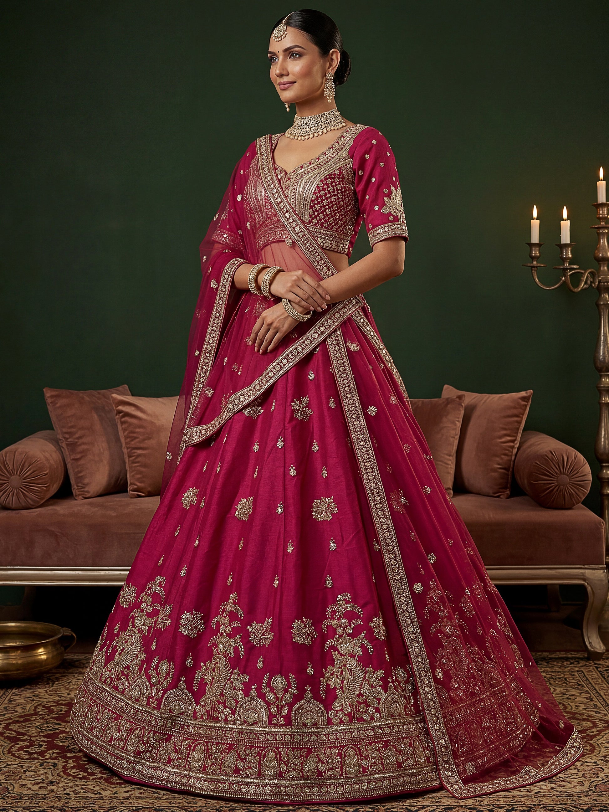 Sparkling Rani Pink Embroidered Silk  Bridal Wear Lehenga Choli
