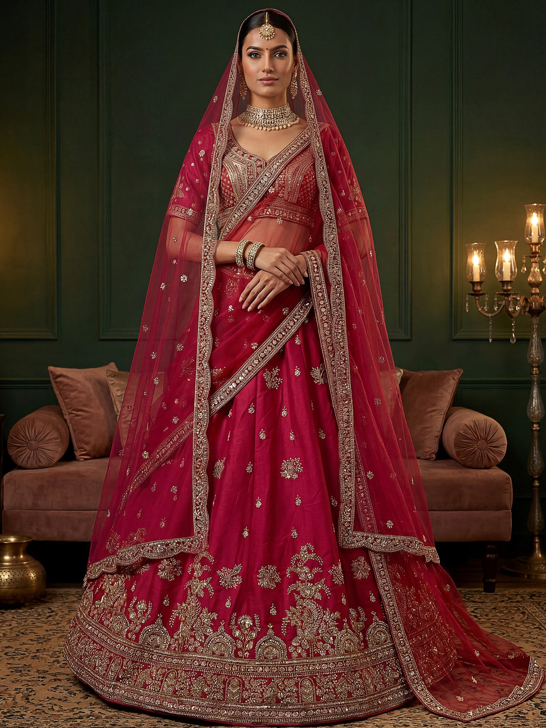 Sparkling Rani Pink Embroidered Silk  Bridal Wear Lehenga Choli