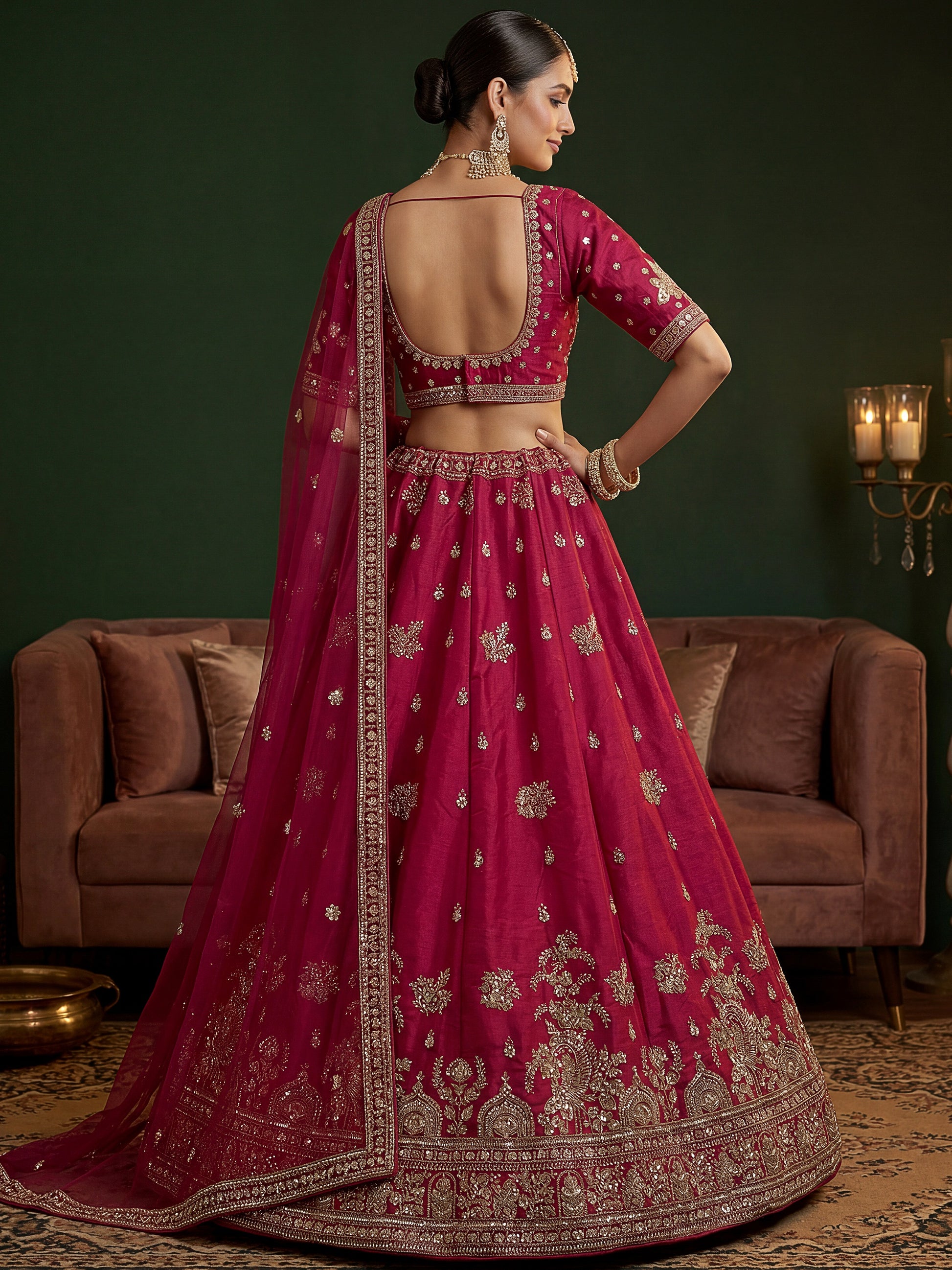 Sparkling Rani Pink Embroidered Silk  Bridal Wear Lehenga Choli