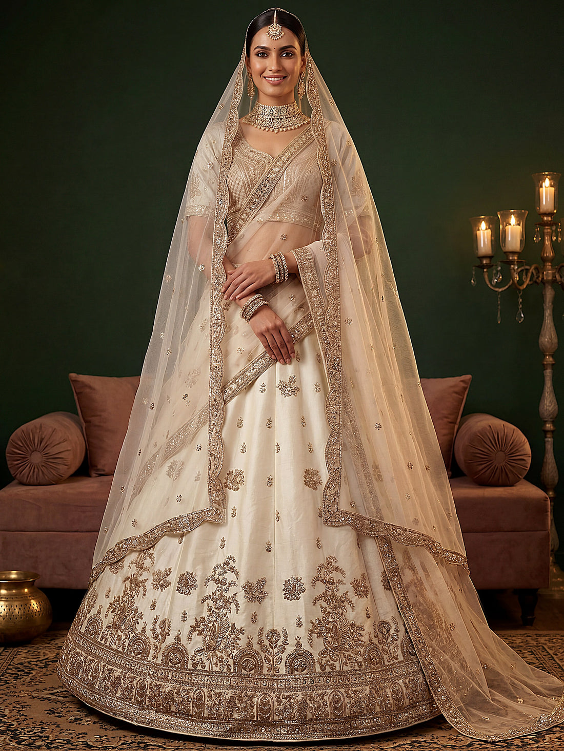 Stunning Off-White Sequins Work Silk Wedding Wear Lehenga Choli