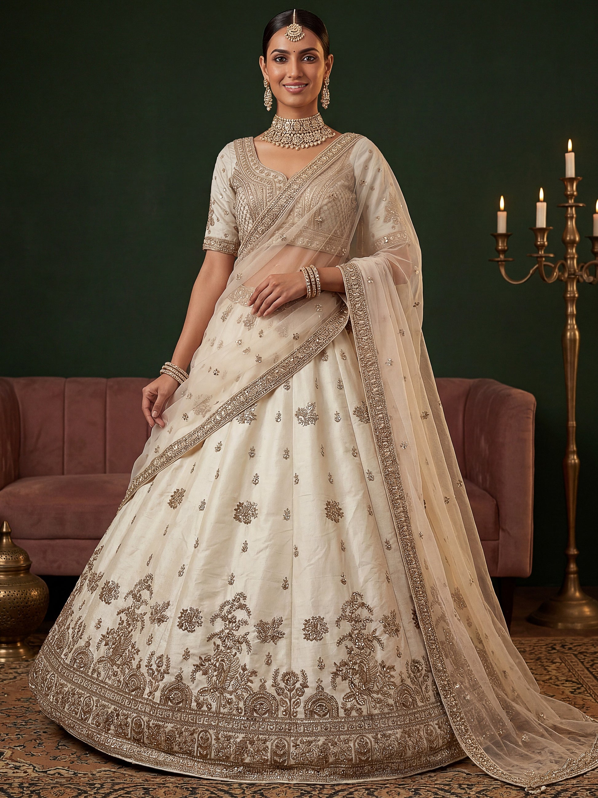 Stunning Off-White Sequins Work Silk Wedding Wear Lehenga Choli
