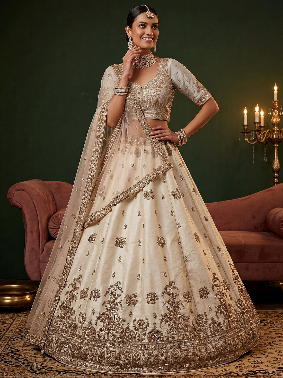 Stunning Off-White Sequins Work Silk Wedding Wear Lehenga Choli
