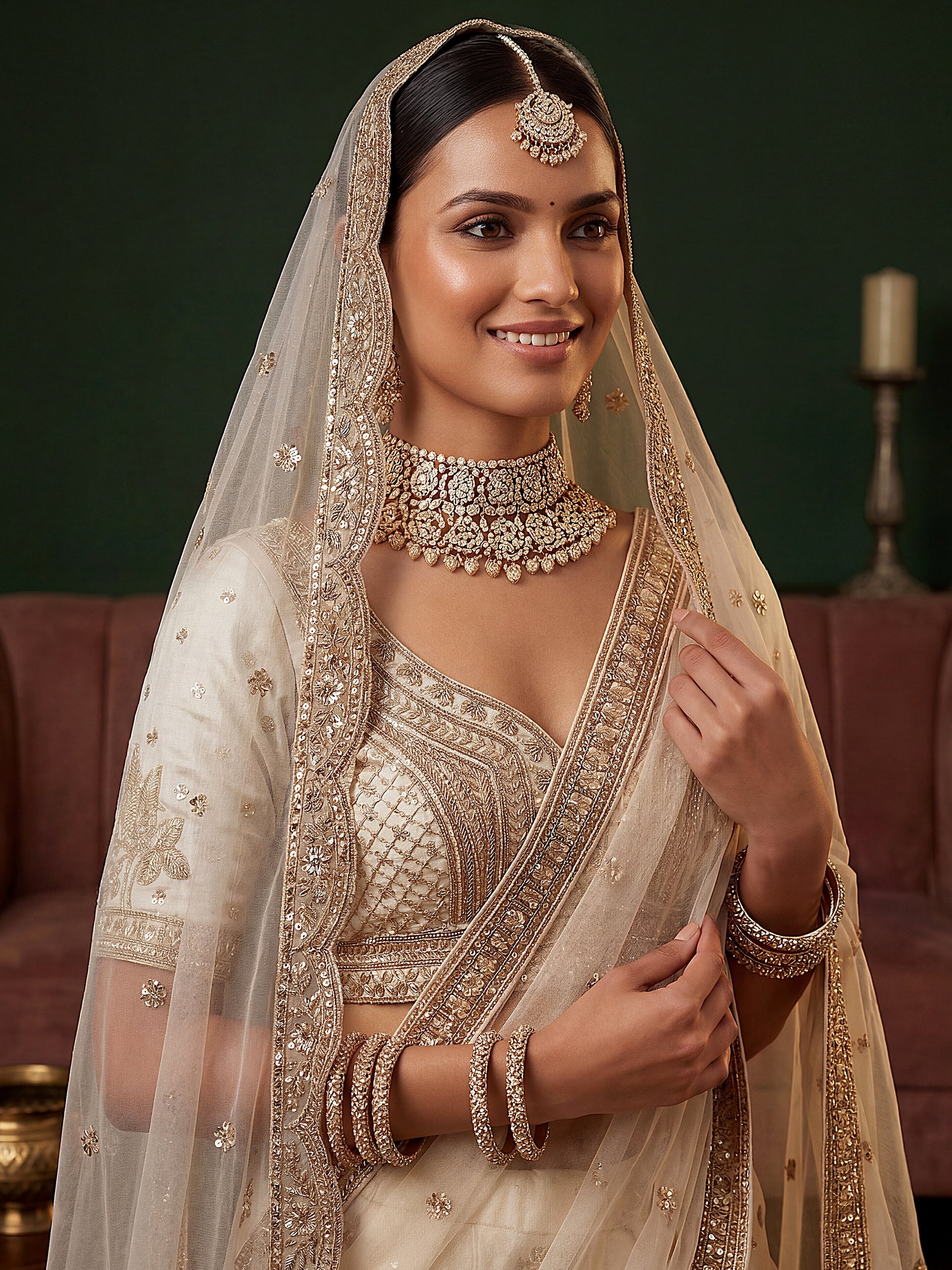 Stunning Off-White Sequins Work Silk Wedding Wear Lehenga Choli
