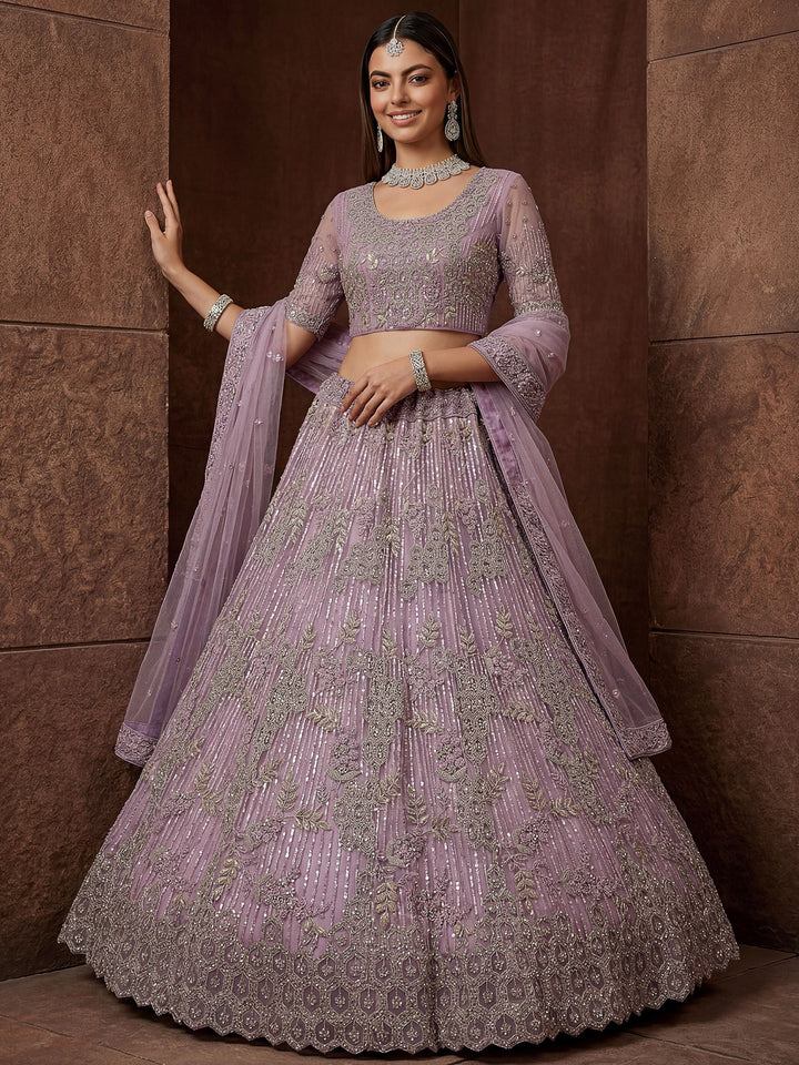 Attractive Lavender Zari Embroidered Net Wedding Wear Lehenga Choli