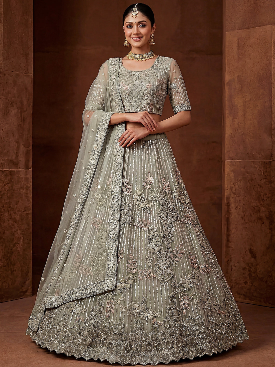 Glowing Pastel Green Diamond Work Net Reception Lehenga Choli