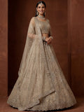 Incredible Beige Zari Embroidery Net Wedding Lehenga Choli