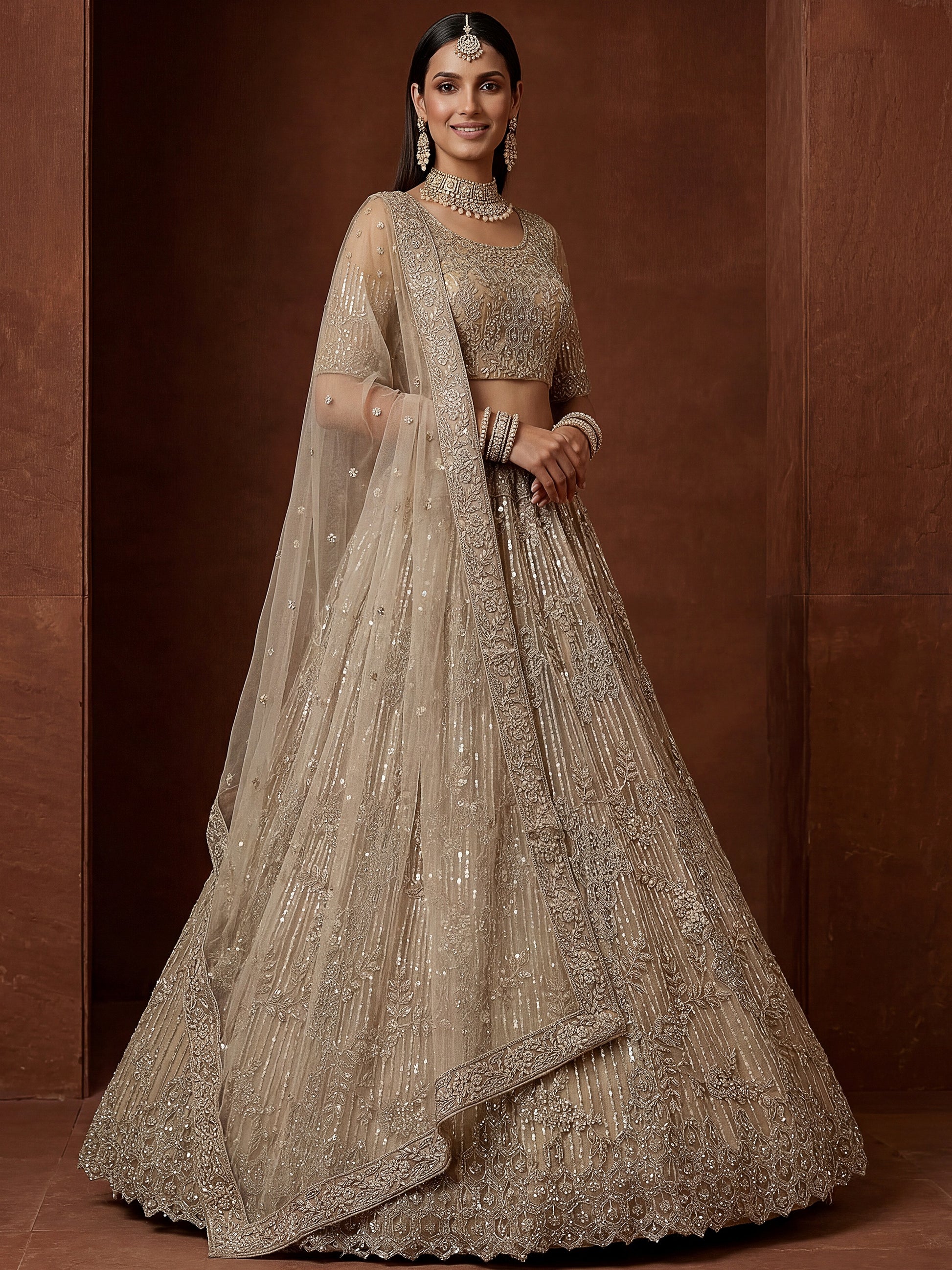 Incredible Beige Zari Embroidery Net Wedding Lehenga Choli