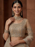 Incredible Beige Zari Embroidery Net Wedding Lehenga Choli
