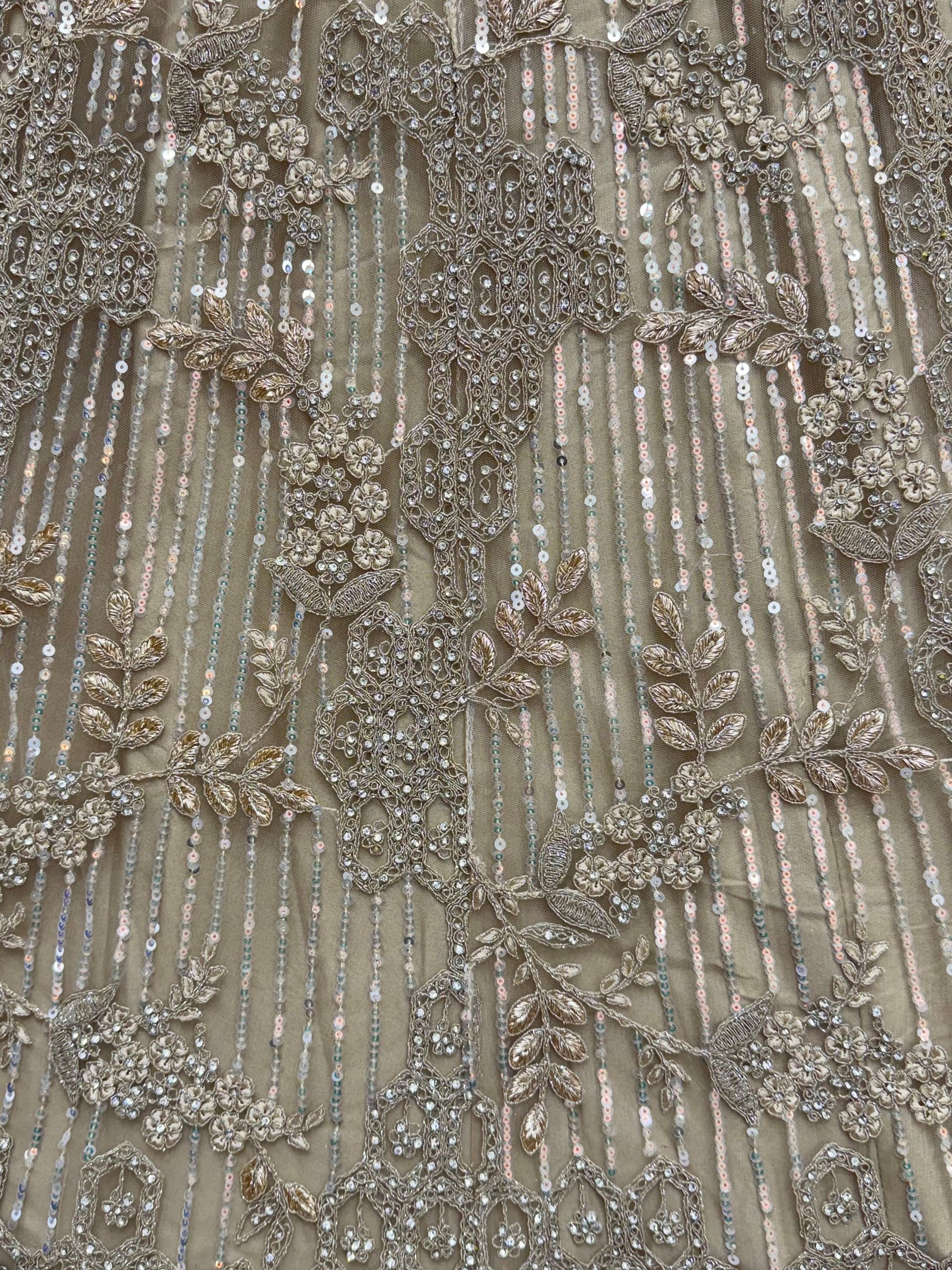 Incredible Beige Zari Embroidery Net Wedding Lehenga Choli