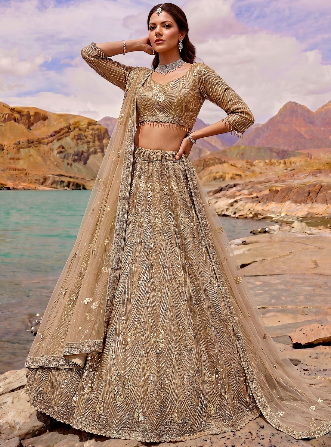 Stunning Beige Diamond Work Net Wedding Wear Lehenga Choli With Dupatta