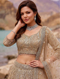 Stunning Beige Diamond Work Net Wedding Wear Lehenga Choli With Dupatta
