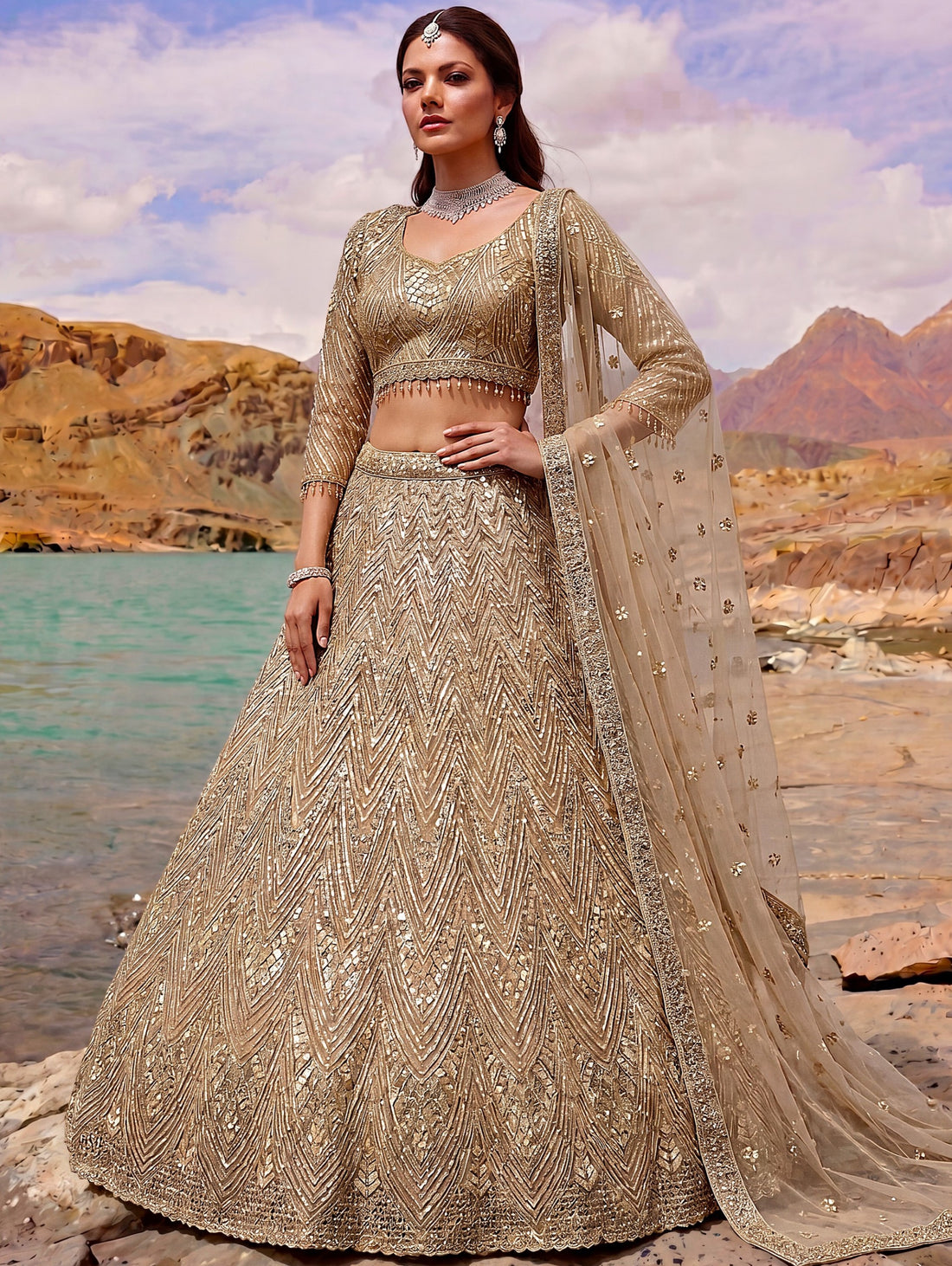 Stunning Beige Diamond Work Net Wedding Wear Lehenga Choli With Dupatta