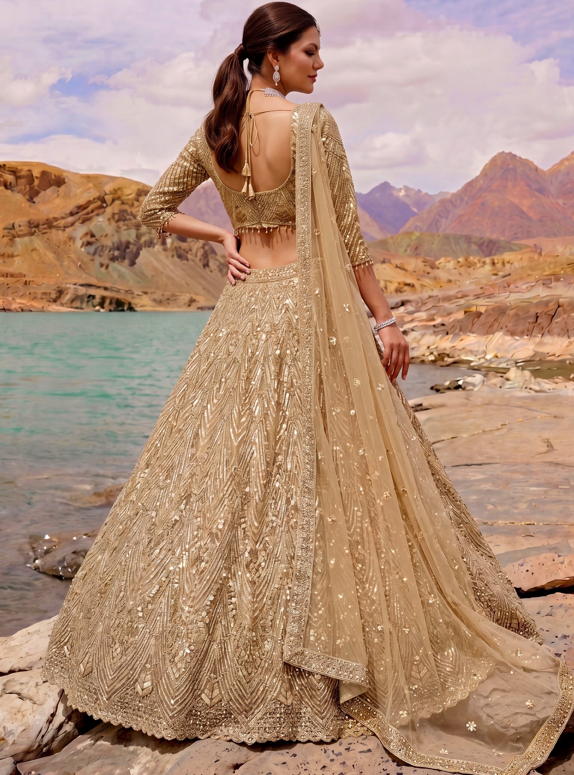 Stunning Beige Diamond Work Net Wedding Wear Lehenga Choli With Dupatta