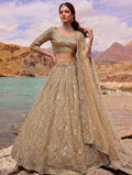 Stunning Beige Diamond Work Net Wedding Wear Lehenga Choli With Dupatta
