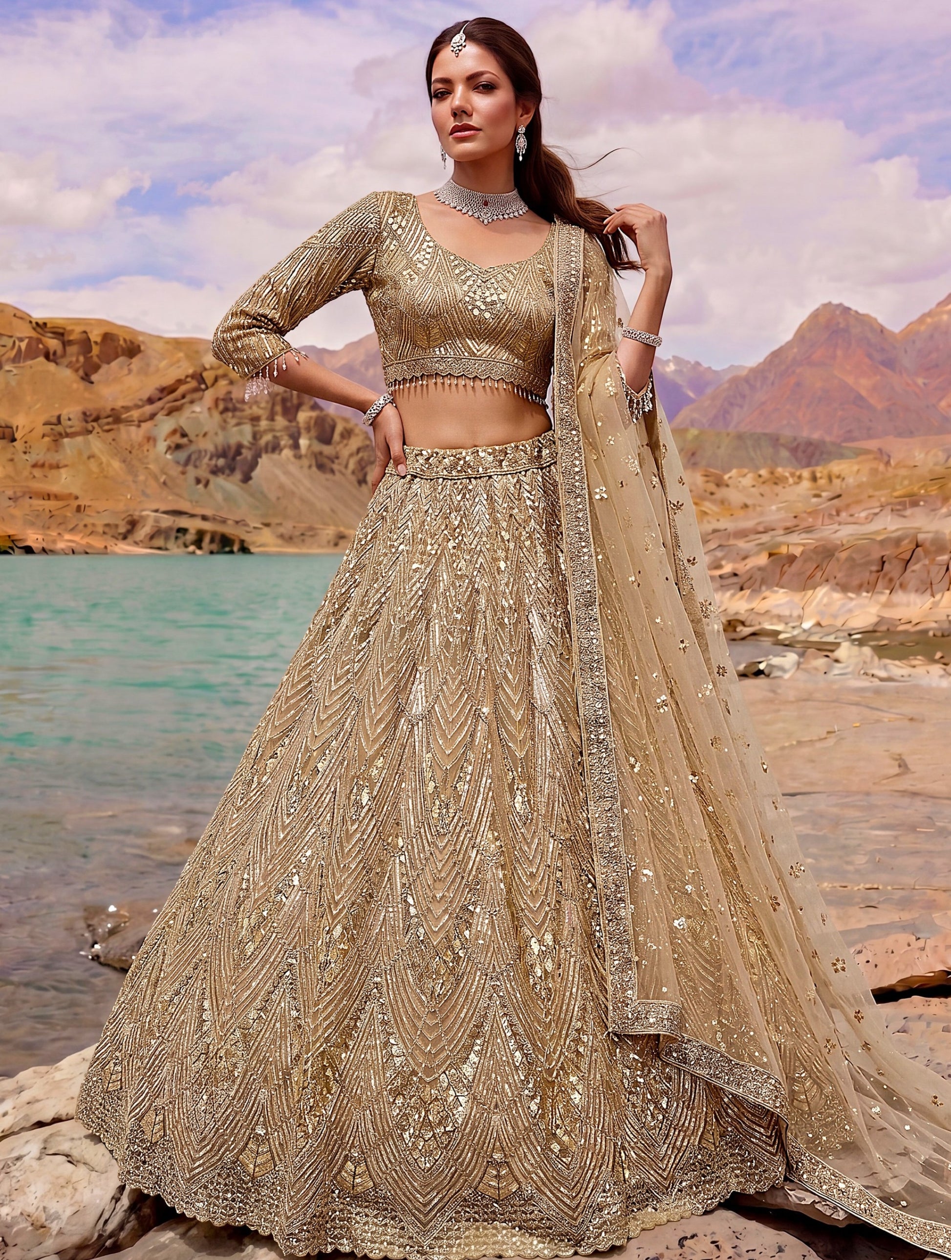 Stunning Beige Diamond Work Net Wedding Wear Lehenga Choli With Dupatta