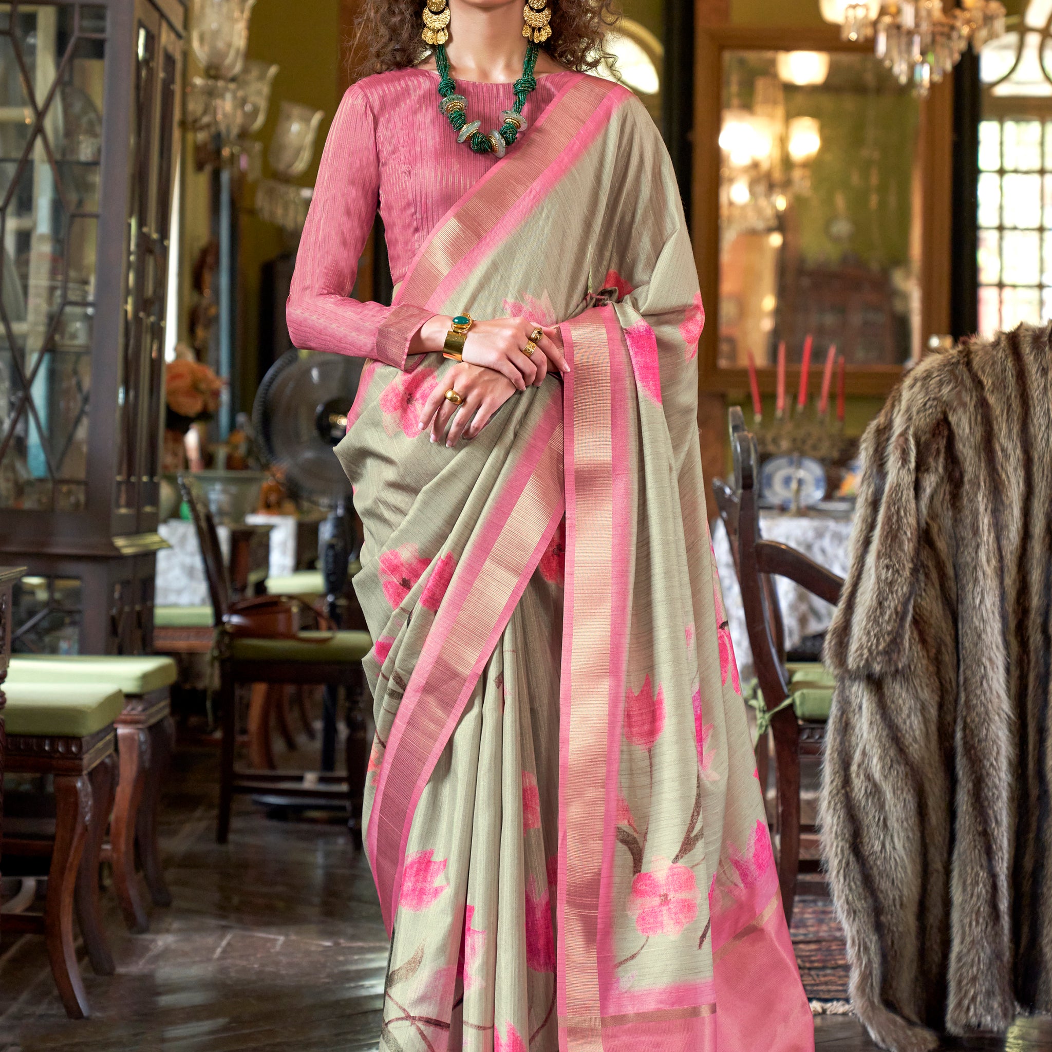 Wonderful Cream Printed Banarasi Silk Traditional Saree With Blouse