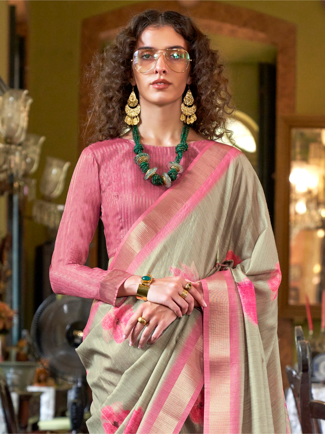 Wonderful Cream Printed Banarasi Silk Traditional Saree With Blouse