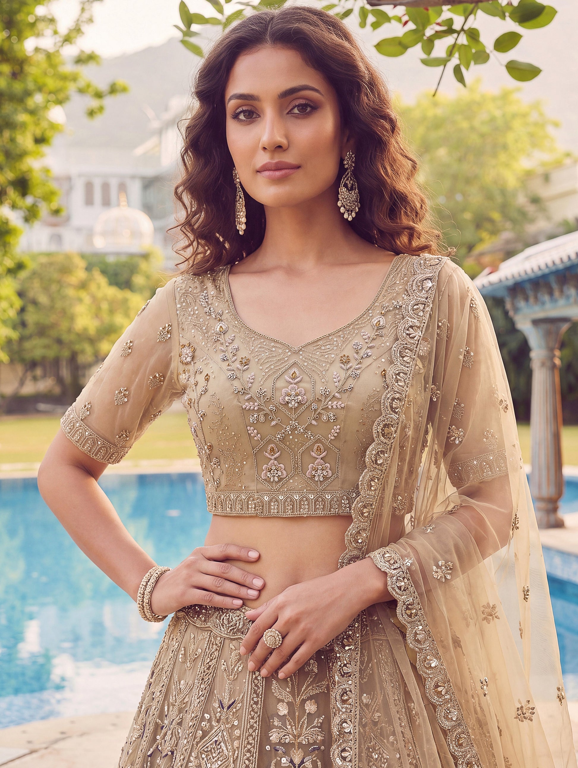 Charming Beige Dori Embroidery Net Reception Wear Lehenga Choli With Dupatta