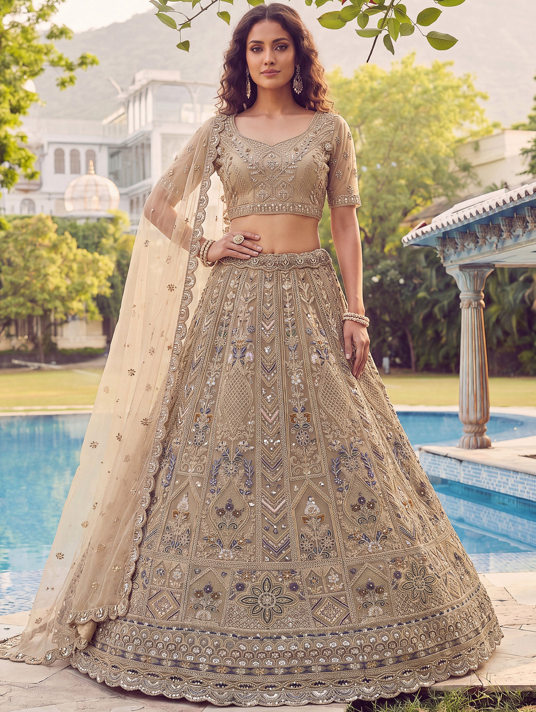 Charming Beige Dori Embroidery Net Reception Wear Lehenga Choli With Dupatta