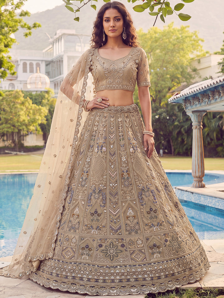 Charming Beige Dori Embroidery Net Reception Wear Lehenga Choli With Dupatta