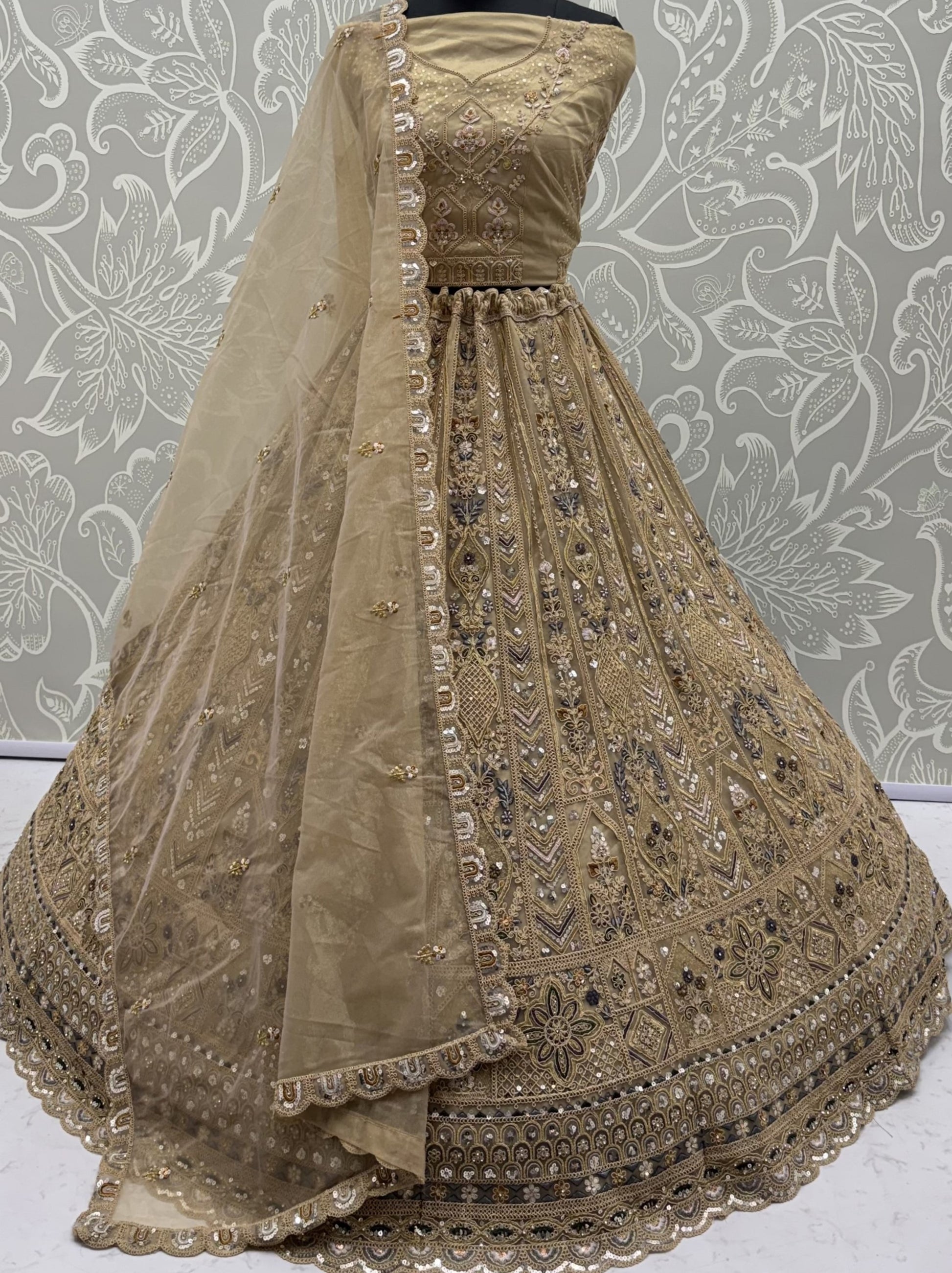 Charming Beige Dori Embroidery Net Reception Wear Lehenga Choli With Dupatta