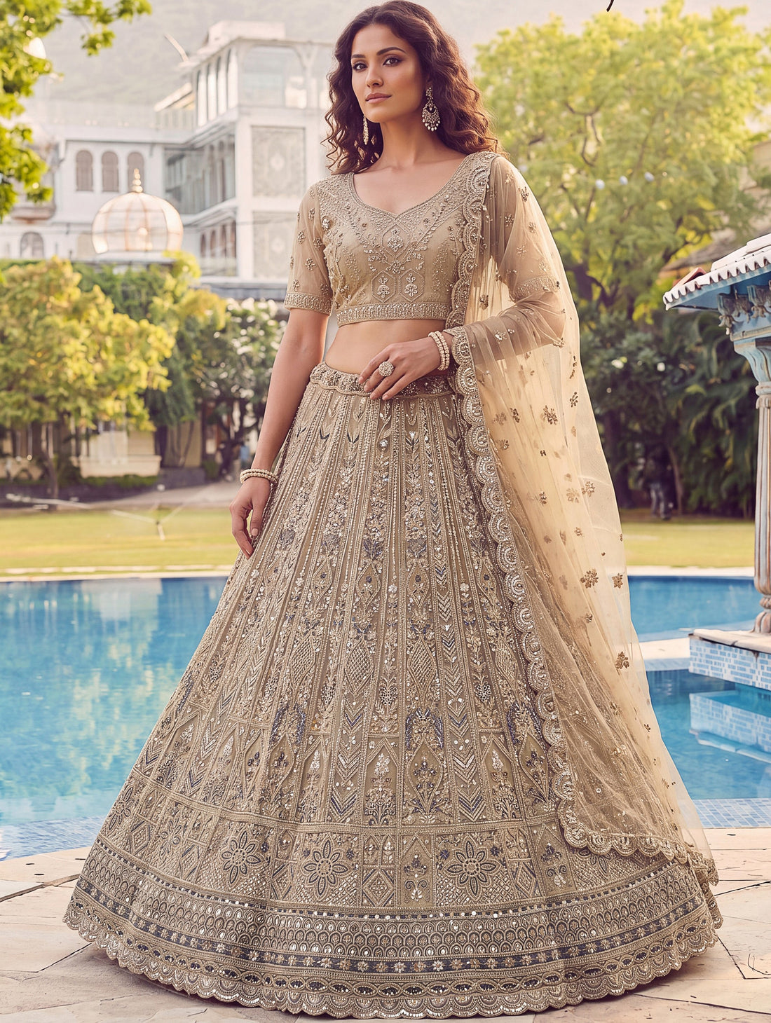 Charming Beige Dori Embroidery Net Reception Wear Lehenga Choli With Dupatta