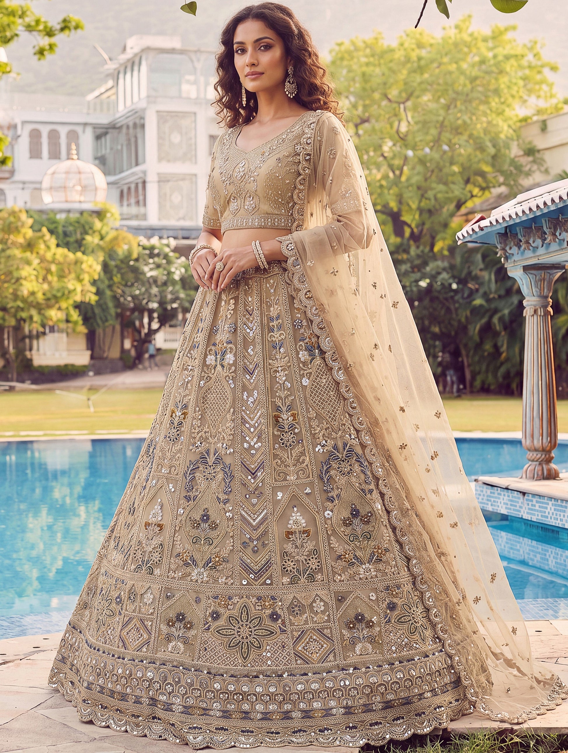 Charming Beige Dori Embroidery Net Reception Wear Lehenga Choli With Dupatta