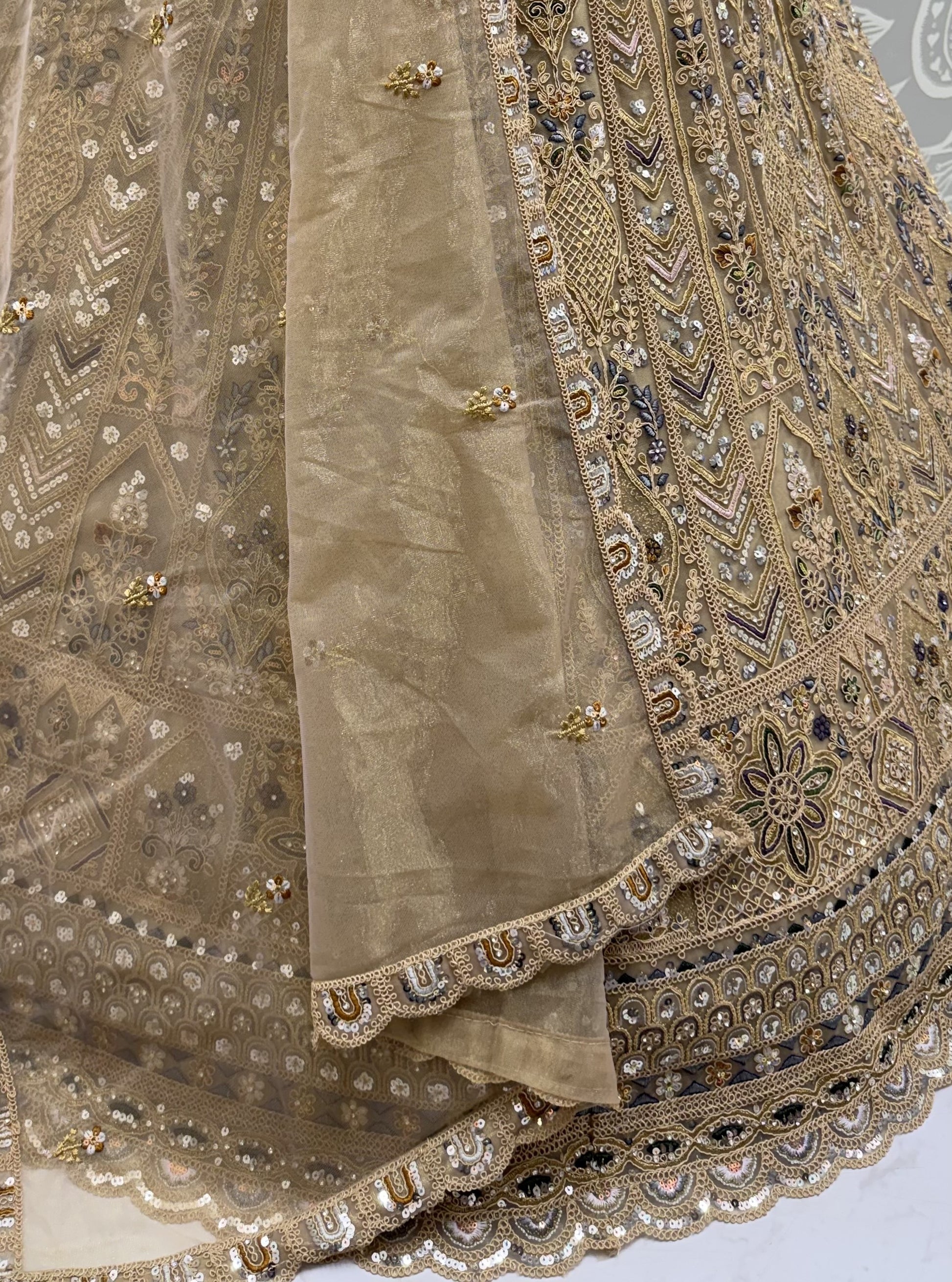 Charming Beige Dori Embroidery Net Reception Wear Lehenga Choli With Dupatta