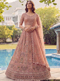 Stunning Dust Pink Diamond Work Net Wedding Wear Lehenga Choli With Dupatta