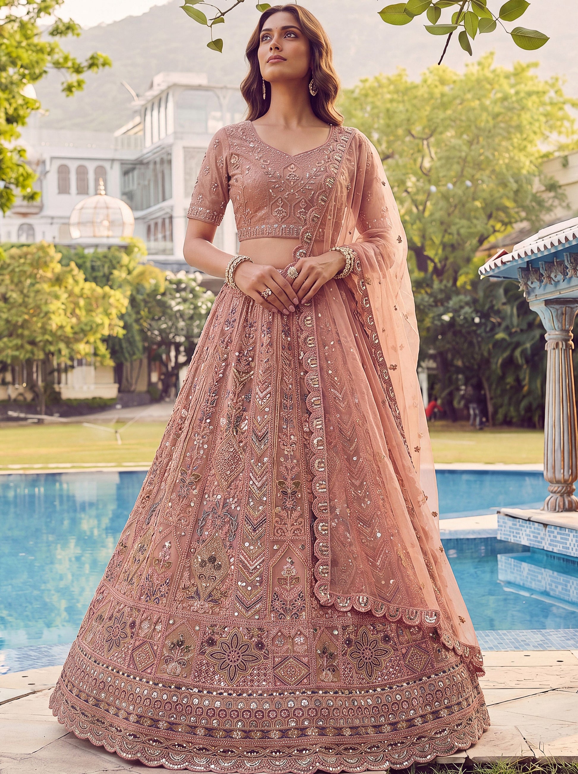 Stunning Dust Pink Diamond Work Net Wedding Wear Lehenga Choli With Dupatta