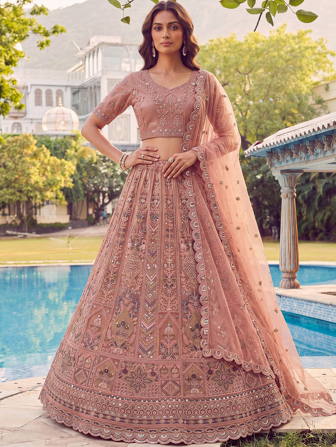 Stunning Dust Pink Diamond Work Net Wedding Wear Lehenga Choli With Dupatta